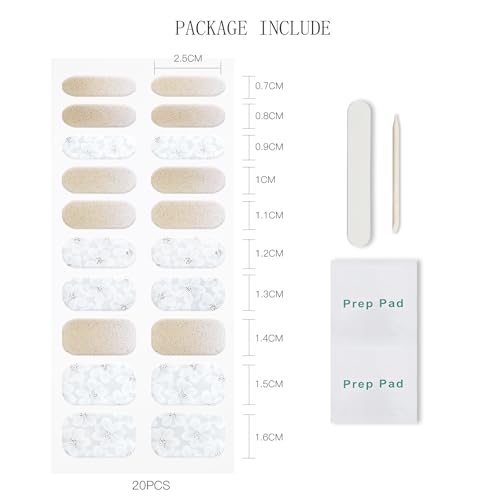 Gel Nail Wraps - Glitter Semi Cured Strips with White Flower Design - Cream White Variation