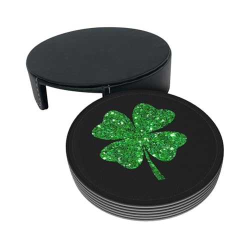 St. Patrick's Day Shamrock Coaster Set with Holder - 6 Green Leather Drink Coasters, 4 Inch, Cute Table Decor - One Size