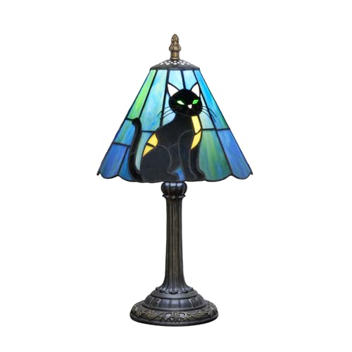 8-Inch Black Cat Tiffany Glass Table Lamp - Handcrafted Stained Glass Bedside Decor