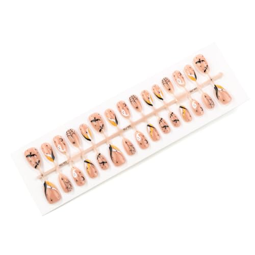 Halloween Press On Nails Short Almond White Ghost Spider Web Stars Bat Dot Lines Design 30Pcs