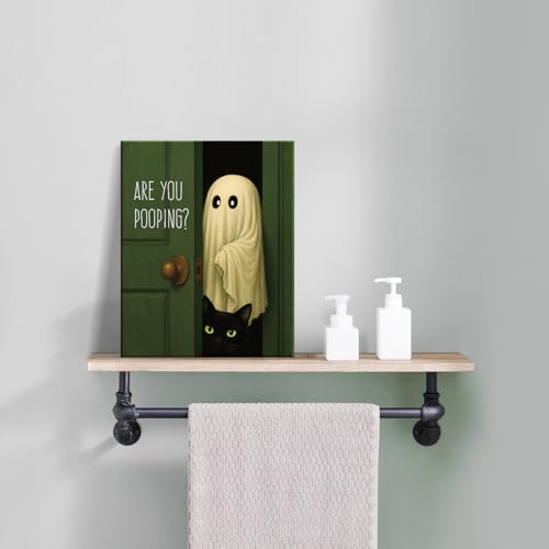 Funny Ghost Cat Bathroom Wall Art Canvas Print - Framed Halloween Decor - Color A