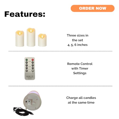 Rechargeable Flameless Candles Set of 3 with Remote & Timer - Real Wax LED Pillar Candles for Holiday & Home Decor