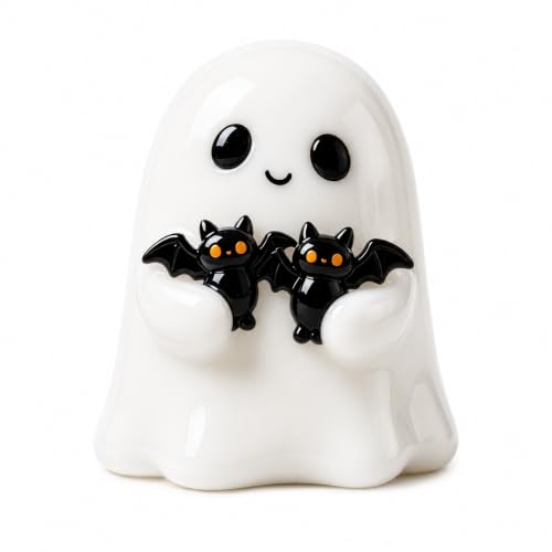 Halloween Ghost Figurine with Bats - Glossy White Spooky Decor, Bat Ghost Variation