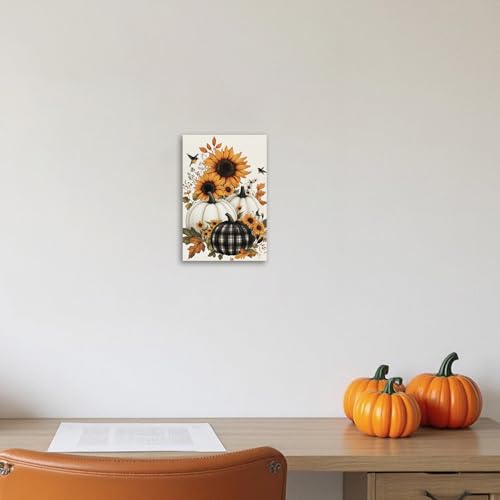 Fall Pumpkin Wall Art with Flowers - 18x12 Inches Farmhouse Canvas Print - Black Frame