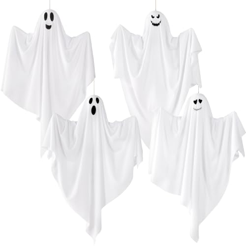 Halloween Flying Ghost Decorations Set - 4 Cute Hanging Ghosts for Yard & Party