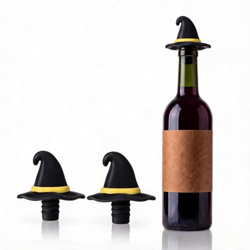 2 PCS Witch Hat Wine Stoppers - Halloween Party Wine Bottle Seals - Black & Yellow