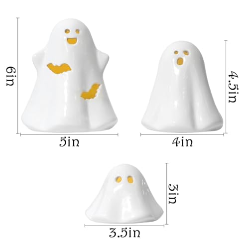 Halloween Ceramic Ghost Figurines with LED Lights - 3 Pack Spooky Decor for Home & Party