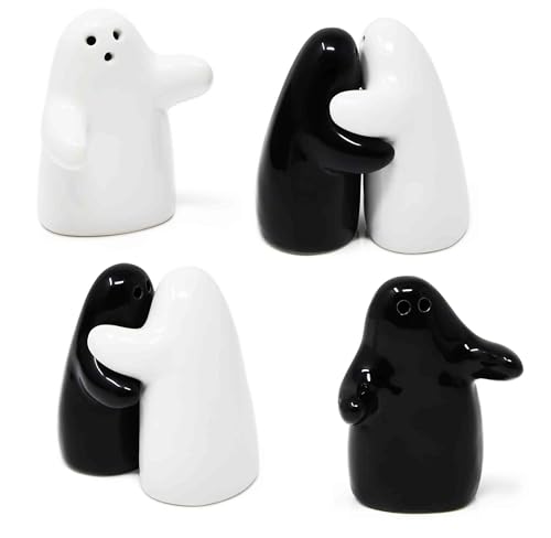 Halloween Ghost Salt & Pepper Shaker Set of 2 - Black & White Ceramic Decor