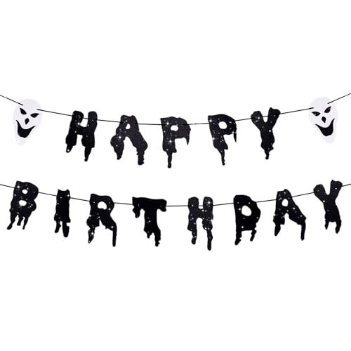 Halloween Birthday Banner with Ghost Masks - Spooky Party Decorations