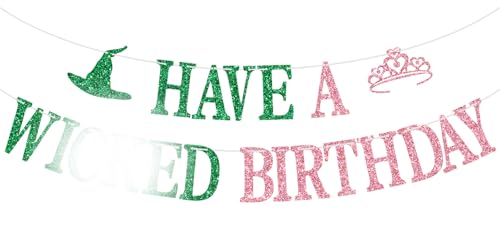 Wicked Birthday Banner Witch Theme Party Decorations Pink Green Glitter Sign