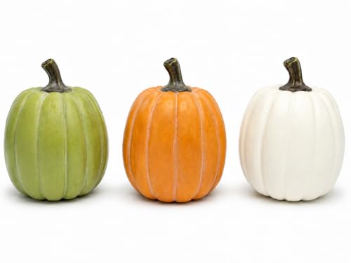 Fall Decor 3-Pack Resin Pumpkin Set - White Green Orange Small