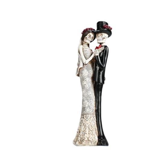 Black and White Skull Wedding Sculpture - Gothic Skeleton Figurine, Hand-Painted Resin Romantic Decor, 13 Inches