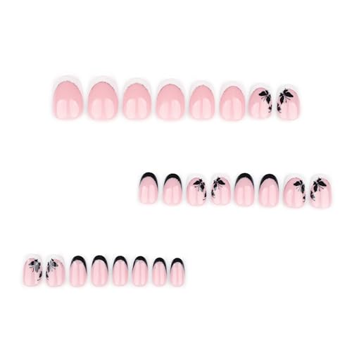 French Tip Press-On Nails Short Oval Fake Nails with Butterfly Design & Sparkling Tips - Variation 62