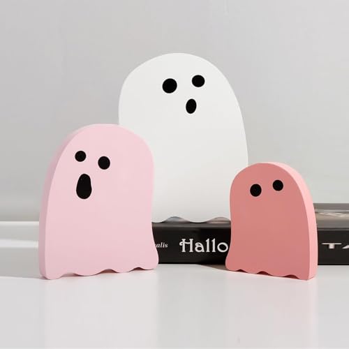 Halloween Ghost Decor Set - Pink & White Wooden Table Decorations for Indoor Home & Office
