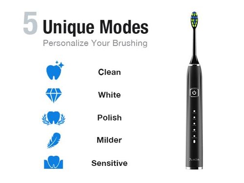 7AM2M Ultrasonic Electric Toothbrush with 6 Brush Heads for Adults&Kids, Type C Rechargeable, One Charge for 120 Days, 5 Modes&40000VPM Powered Toothbrush, 2 Minutes Built in Smart Timer (Black)