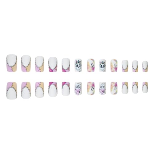Halloween Press On Nails Medium Square Skull Fake Nails White Pink Ombre 24 Pcs Style-D20