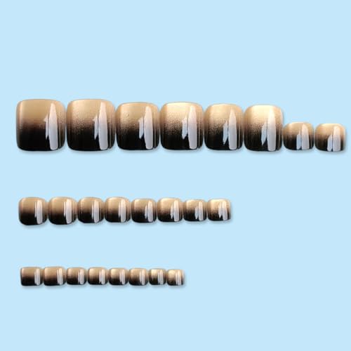 Ombre Press On Toenails Short Square Style 11 Black Gold Gradient Cat Eye