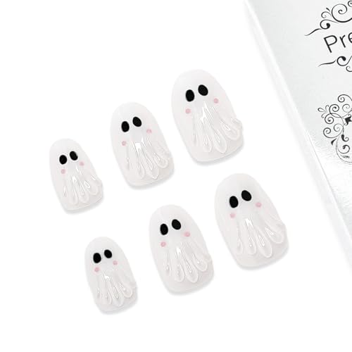 Halloween Press On Nails Glossy Chrome Fake Nails with White Ghost Design - Style 39, Medium Almond Shape, 24 Pcs