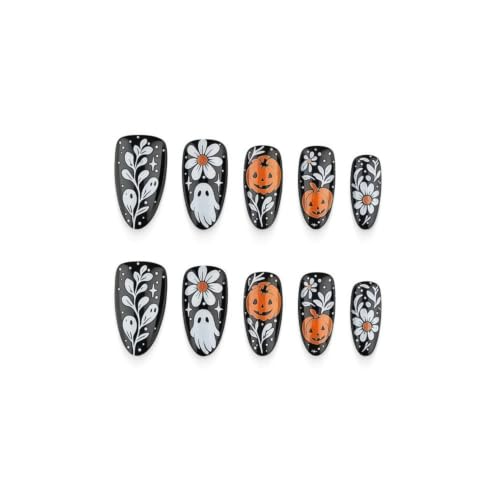 Black Halloween Press-On Nails with Ghosts & Pumpkin Design - Medium Almond Full Cover Fake Nails