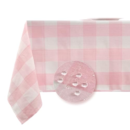 Pink Gingham Waterproof Rectangle Tablecloth 95x55 Inch Cotton Blend for Indoor Outdoor Dining