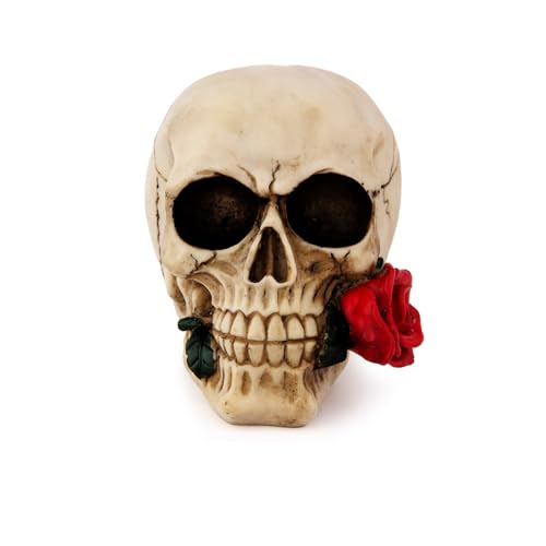 Halloween Skeleton Skull Decor with Rose Flowers, 8.1 Inch Gothic Statue