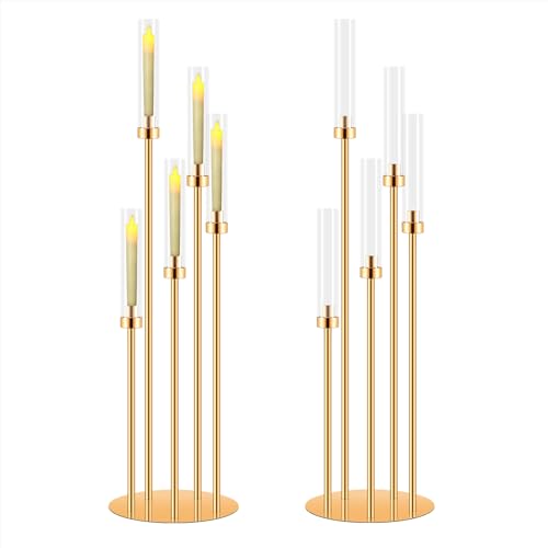 Floor Candelabra Set with 5 Arms & Lampshades - Gold Candle Holders for Wedding & Home Decor - Holder Only / 2