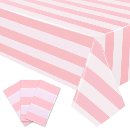 Pink and White Striped Tablecloths 54x108 Inches - 3 Pack, Waterproof & Disposable, Vertical Pink Stripe