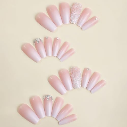 Pink Press On Nails - Long Square Coffin Fake Nails with Rhinestone Design, 3-Pink Gradient Variation, 24Pcs