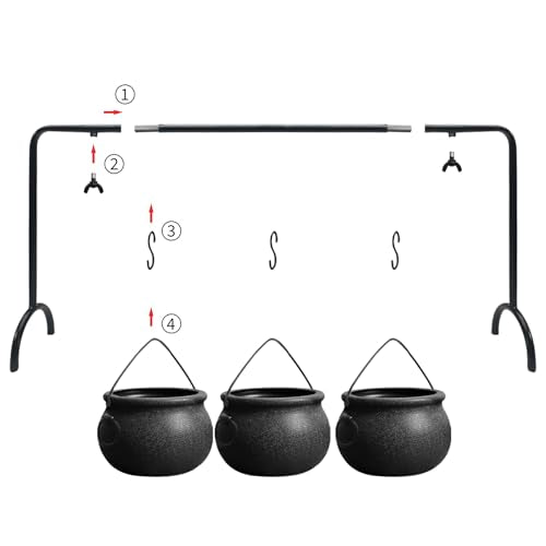 Halloween Cauldron Serving Bowls Set - 3 Black Witches Cauldrons with Rack