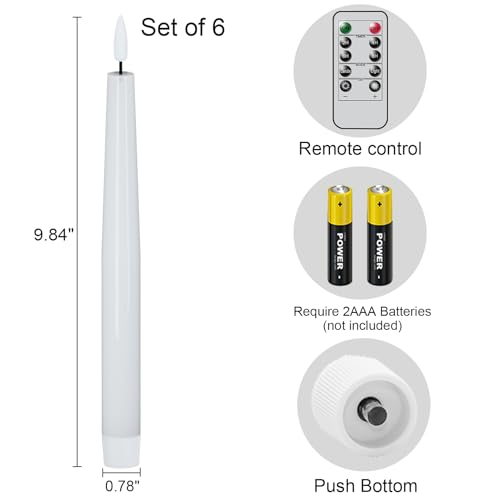 Flameless Flickering LED Taper Candles with Remote Timer - White Set of 6