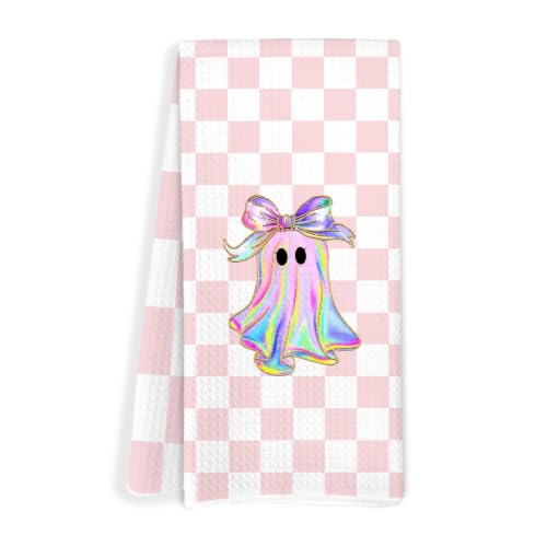 Pastel Pink Halloween Ghost Checkered Kitchen Towels - Fall Decor 005