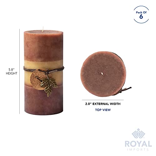Fall Candles Set of 6 - 3x6 Inch Brown Ombre Pillar Candles with Rustic Decor - Variation of Brown-Ivory