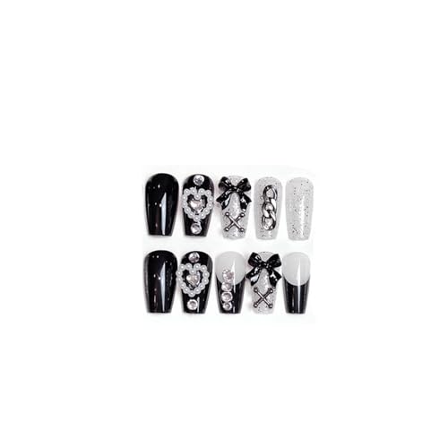 SINHOT Medium Square Press On Nails Set FN078001-00 Black & Pearl 24Pcs with Glue