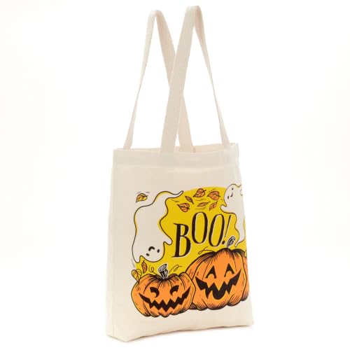 Large Halloween Tote Bag - Haunted House Design with Pumpkins & Ghosts - Reusable Canvas Trick or Treat Bag