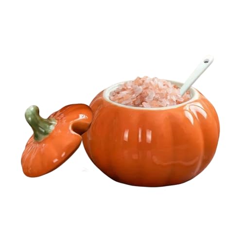 Ceramic Salt Cellar with Lid & Spoon - 10 OZ Orange Salt Box for Countertop