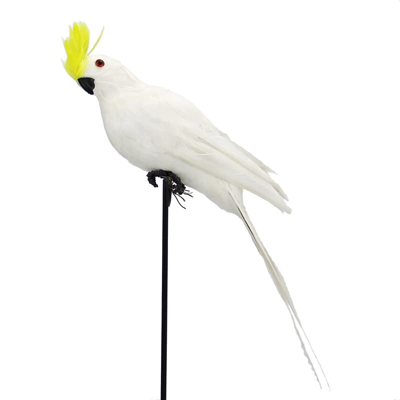 Artificial Parrot Decoration - White with Yellow Crest, Life Size 10 Inch