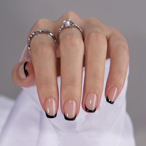 French Tip Short Square Press-On Nails Kit - 14 Classic Black Variation