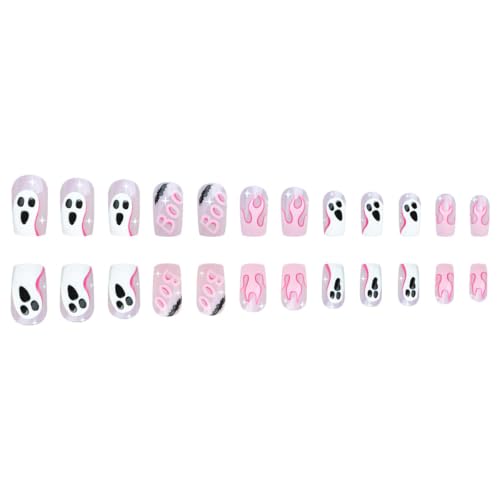 Halloween Press On Nails Medium Square Pink with Ghost Bat Flame - Style11