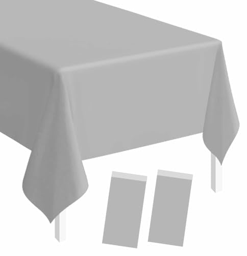Silver Plastic Tablecloth 54x108 Inch 2 Pack - Disposable Party Cover for Weddings & Events