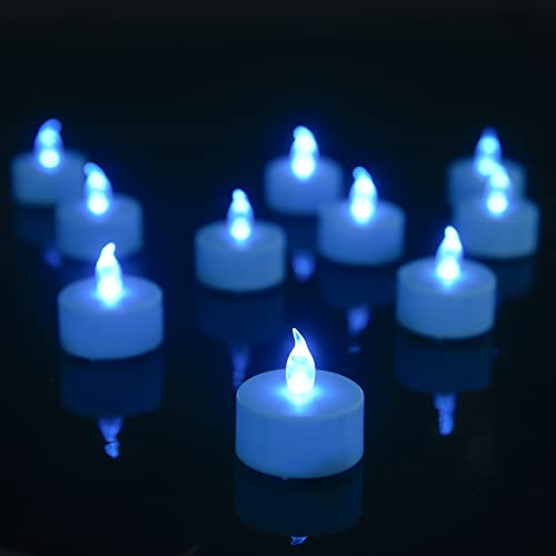 Blue Flameless LED Tea Lights - 24 Pack, Long Lasting Battery, Realistic Flicker for Holiday Decorations