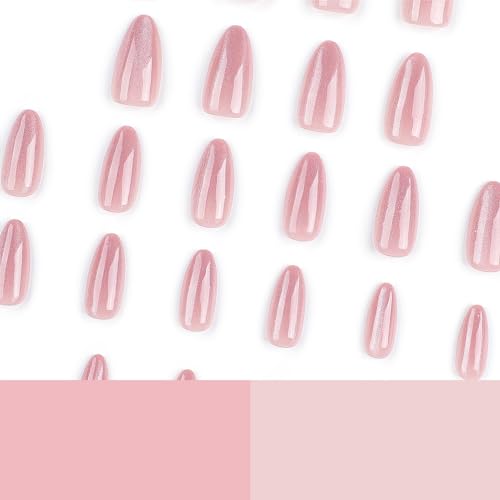 Nude Pink Almond Press On Nails - Glitter Design, Full Cover, 24 Pcs