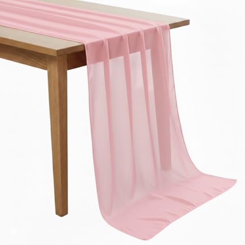 10ft Chiffon Table Runner Set - Dusty Rose 10 Pieces with Ribbons for Weddings