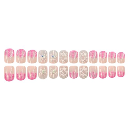 OCOUYVD Halloween Short Square Press On Nails with Heart Spider Web Rhinestones - Variation 2794