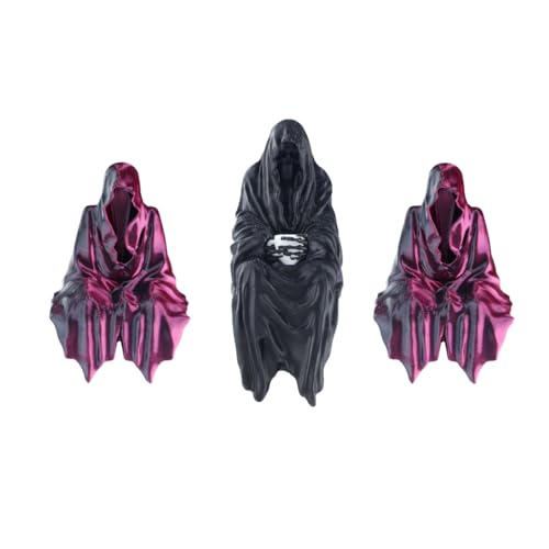 Halloween Gothic Decor Sitting Statue Set - Faceless Hooded Figures - 4" Black & Purple Figurines for Spooky Home Decor