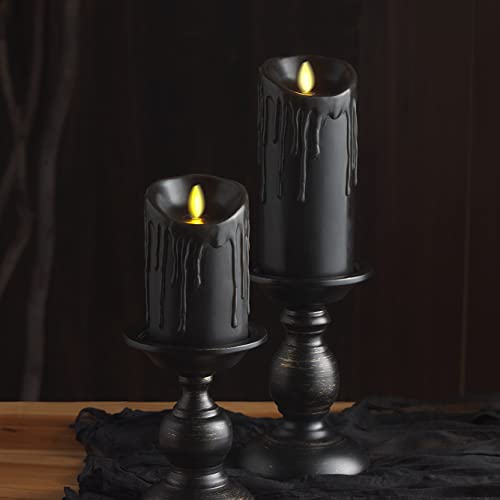 Black Wax Drip Flameless Candle Set - 3 x 6.5 Inch LED Moving Flame Pillars with Timer