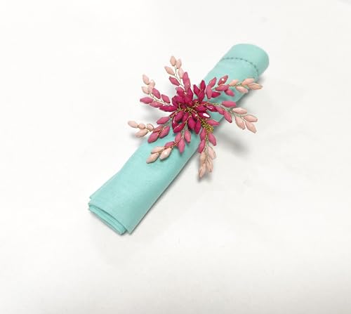 Pink Gold Beaded Napkin Ring Set of 12 with Leaves Design - Elegant Table Decor