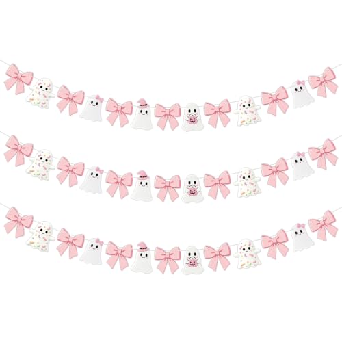 Pink Bow Ghost Halloween Banner Decorations - Party Set of 3