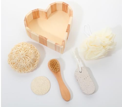 JWDREAMWAY 5Pcs Bath Shower Set in Heart Wooden Trinket Box Hair Brush for Women,Birthday Gifts,Bath & Shower Spa Basket Gift Set for Women for Body Back Legs and Foot,Gift for Mom