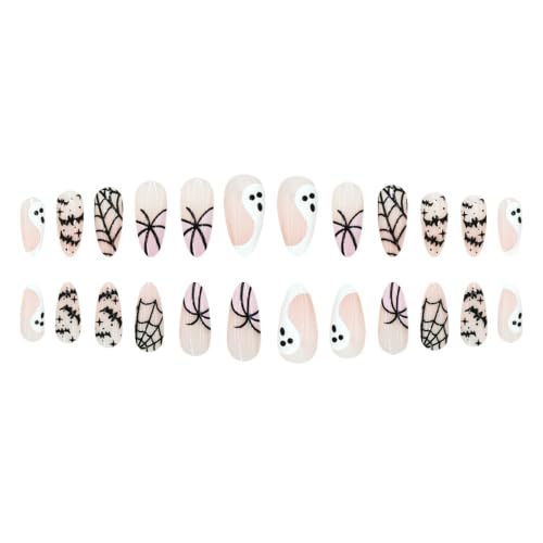 Halloween Press On Nails Long Stiletto Pink Fake Nails with Ghost and Spider Web Design - Variation Color43