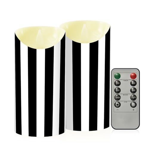 Set of 2 Flameless Candles with Remote - White & Black Stripe, Small & Large, Realistic LED Taper Candles